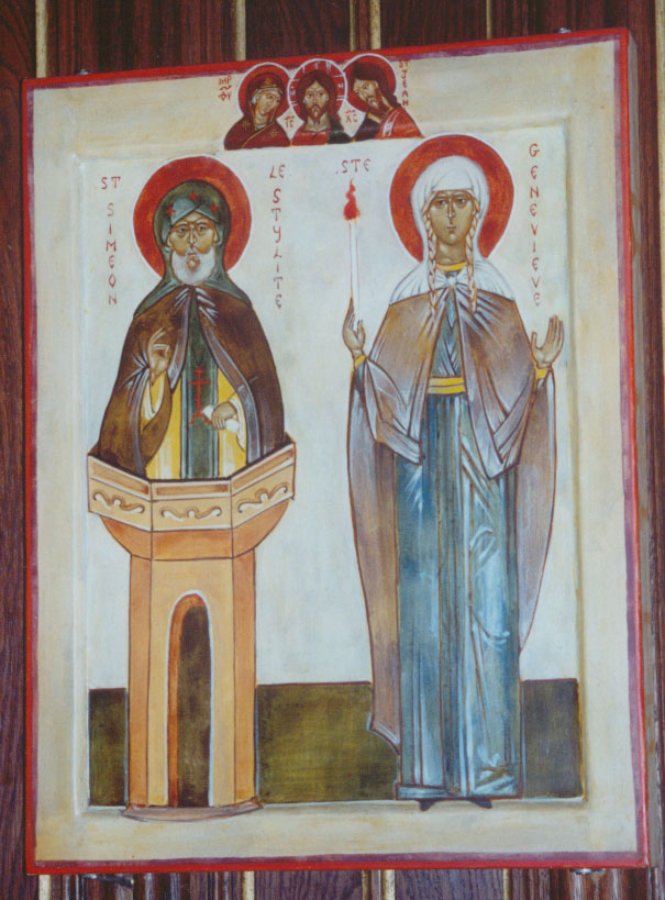 Icon of Ss. Genevieve and Simeon the Stylite at her tomb in Paris